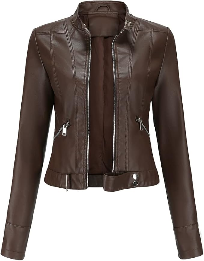 Women's Faux Leather Aviator Moto Jacket — Brown
