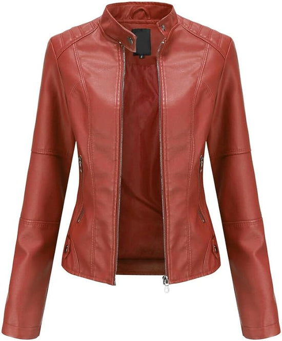 Women's Faux Leather Aviator Moto Jacket — Red