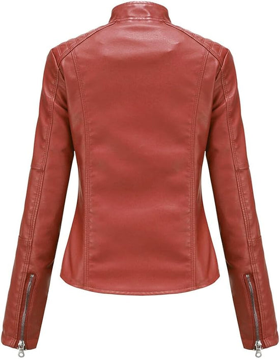 Women's Faux Leather Aviator Moto Jacket — Red