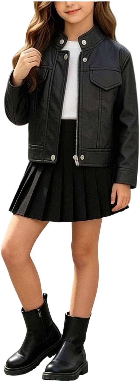 Girls' Cropped Leather Moto Jacket - Black