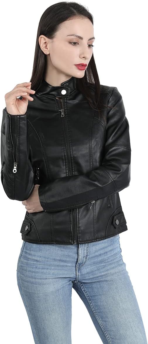 Women's Faux Leather Aviator Moto Jacket — Black
