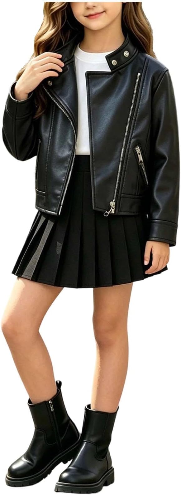Girls' Asymmetric Leather Moto Jacket - Black