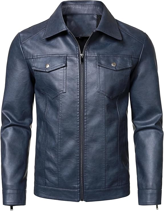 Hood Crew Men's Faux Leather Biker Jacket — Blue