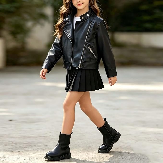 Girls' Asymmetric Leather Moto Jacket - Black