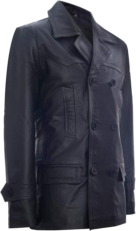 Men's German Naval Dr Who Cowhide Leather Coat — Black