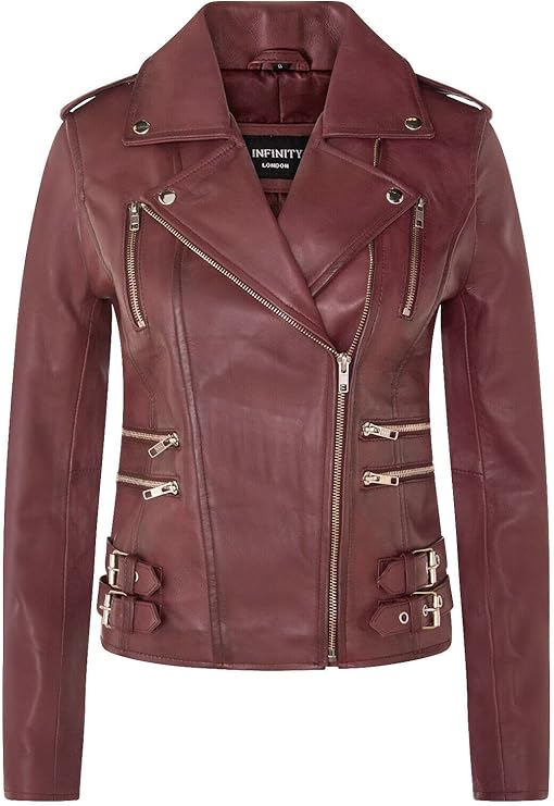 Women's Retro 100% Nappa Leather Biker Jacket — Brown