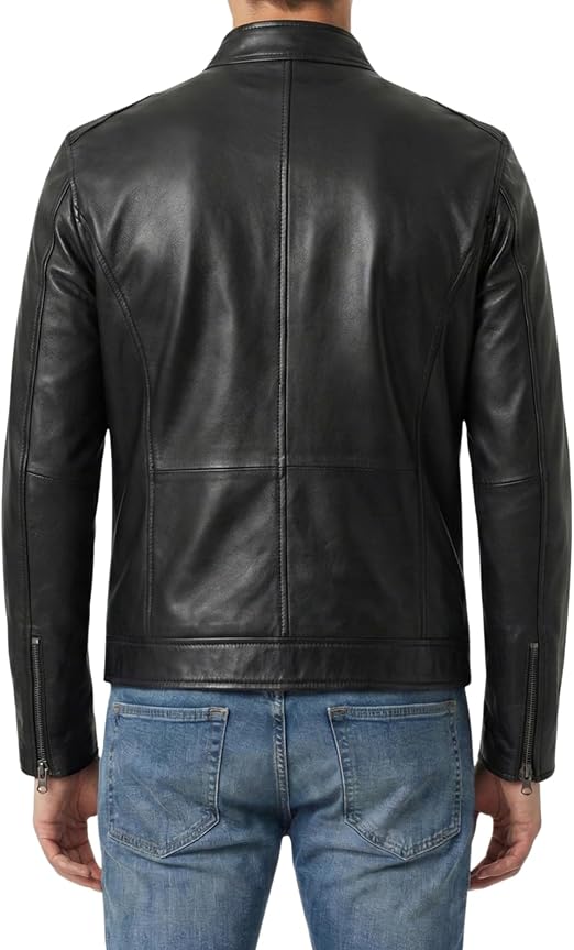 Men's Black Band-Collar Café Racer Jacket