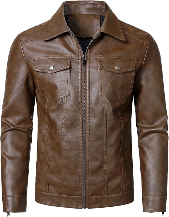 Hood Crew Men's Faux Leather Biker Jacket — Brown