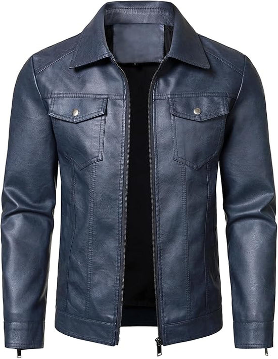 Hood Crew Men's Faux Leather Biker Jacket — Blue