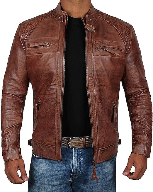 Men's Brown Distressed Quilted Motorcycle Jacket