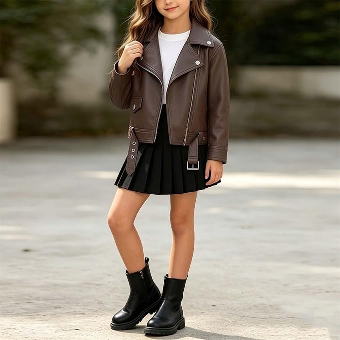 Girls' Leather Moto Jacket with Belt - Brown