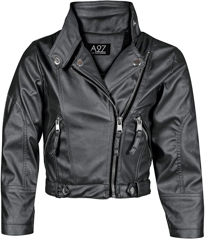 Kids' Asymmetric Leather Moto Jacket - Black