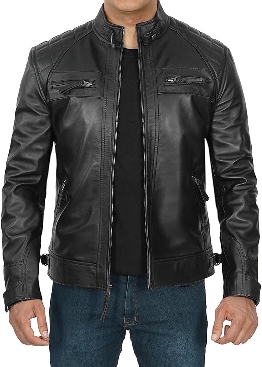 Men's Black Dual-Zip Café Racer Jacket