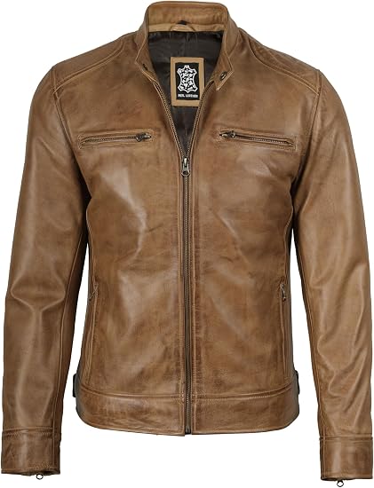 Men's Tan Quilted Shoulder Café Racer Jacket