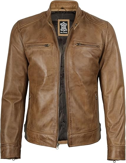 Men's Tan Quilted Shoulder Café Racer Jacket