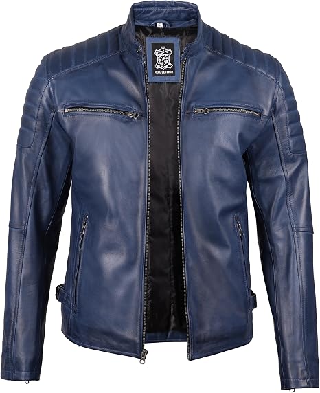 Men's Navy Blue Café Racer Leather Jacket
