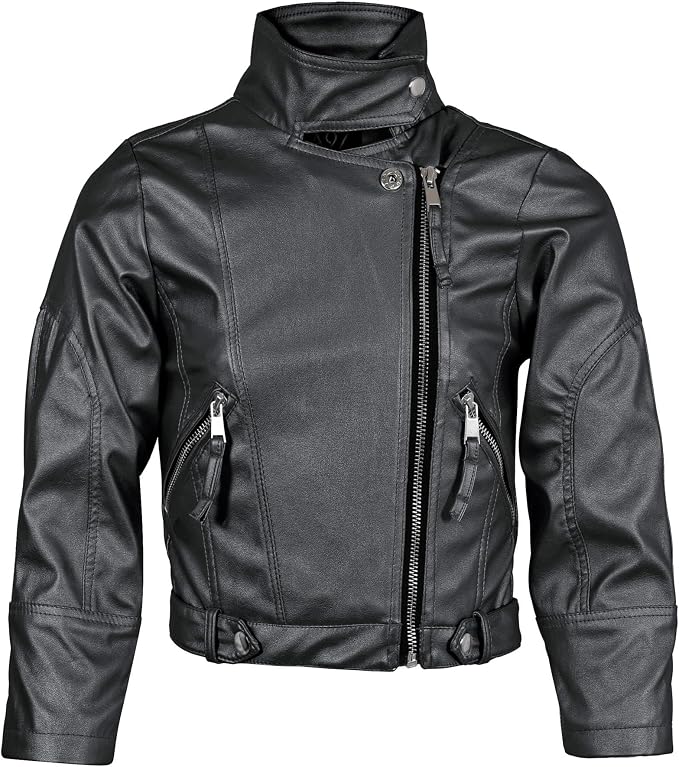 Kids' Asymmetric Leather Moto Jacket - Black