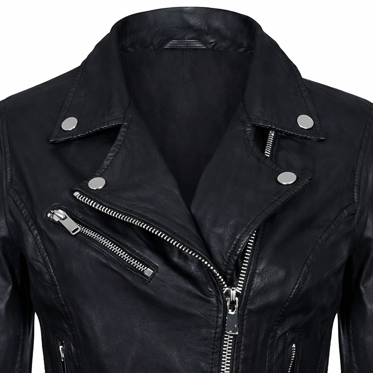 Women's Classic Real Leather Biker Jacket — Black