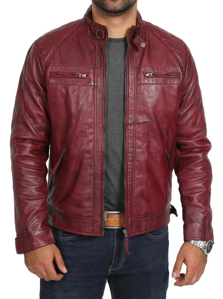 Men's Burgundy Café Racer Leather Jacket