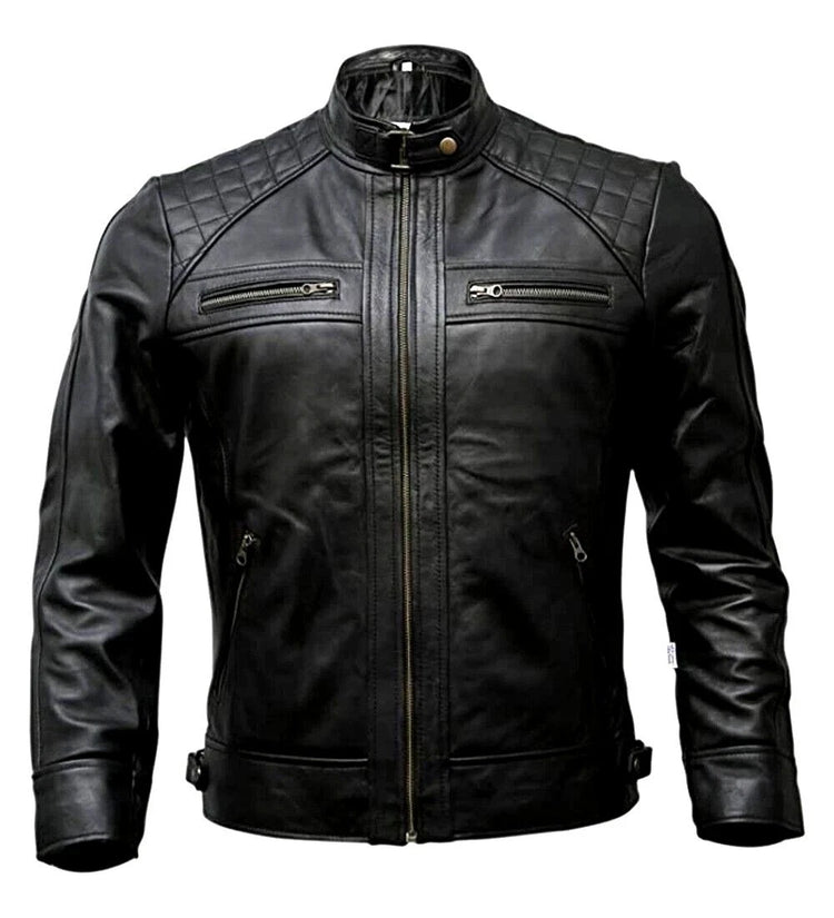 Men's Black Quilted Café Racer Leather Jacket