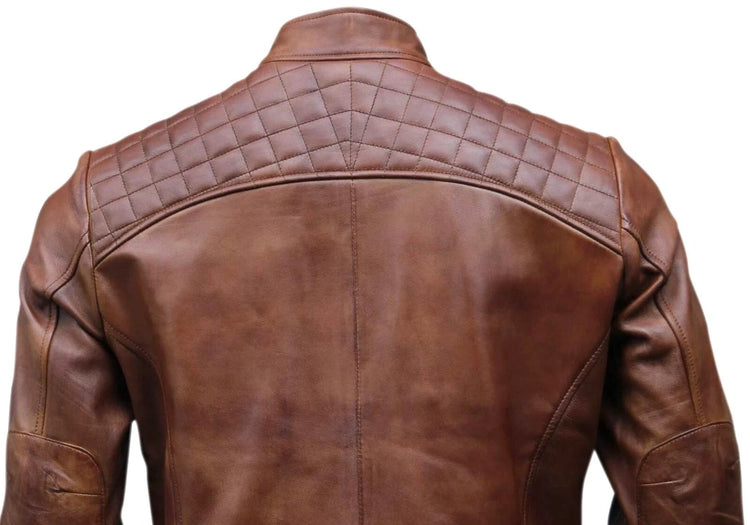 Men's Brown Distressed Diamond Quilted Biker Jacket