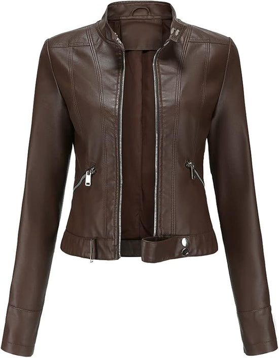 Women's Faux Leather Aviator Moto Jacket — Brown