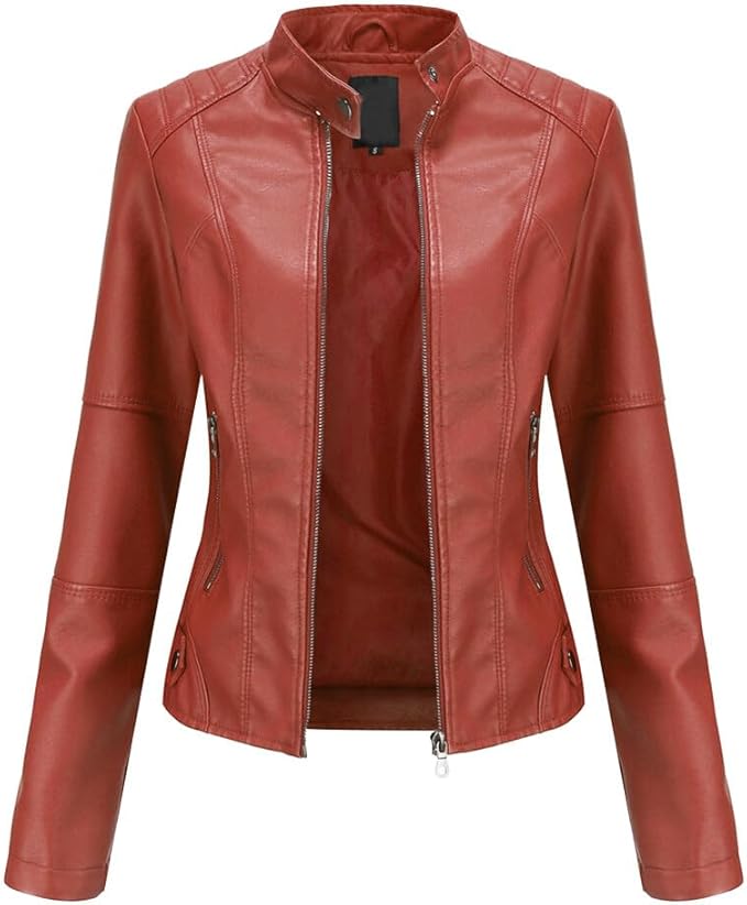 Women's Faux Leather Aviator Moto Jacket — Red