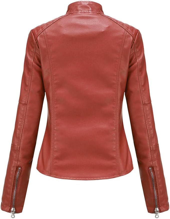 Women's Faux Leather Aviator Moto Jacket — Red