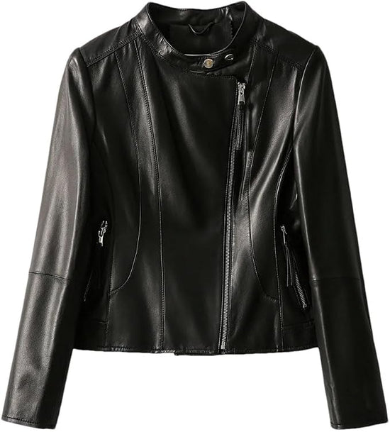Women's Slim Fit Diagonal Zipper Short Leather Jacket