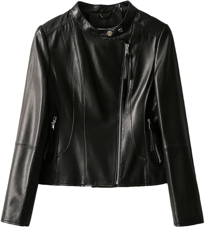 Women's Slim Fit Diagonal Zipper Short Leather Jacket