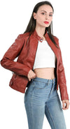 Women's Faux Leather Aviator Moto Jacket — Red