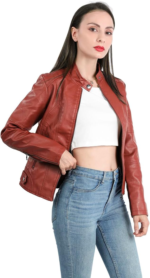 Women's Faux Leather Aviator Moto Jacket — Red
