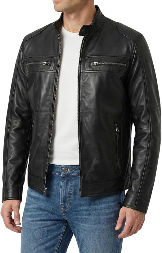 Men's Black Band-Collar Café Racer Jacket