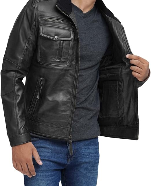 Men's Black Band-Collar Café Racer Jacket