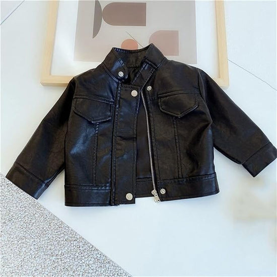 Girls' Cropped Leather Moto Jacket - Black
