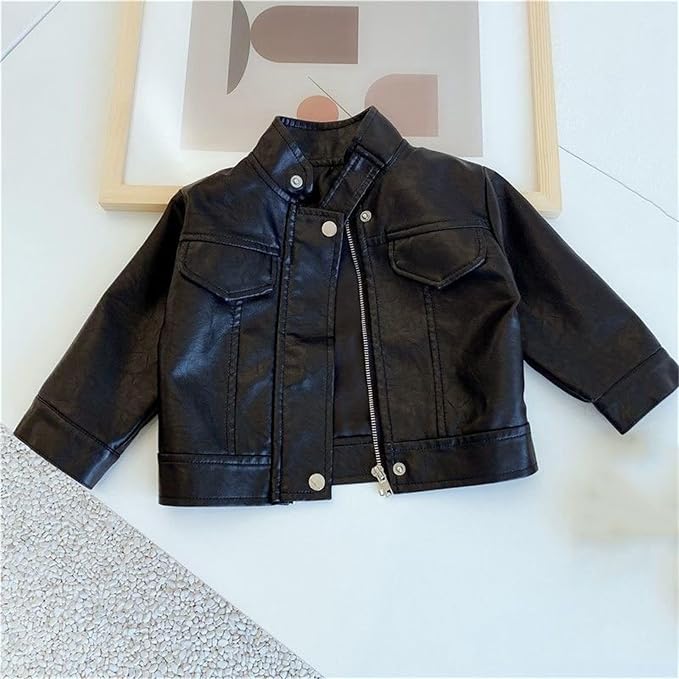 Girls' Cropped Leather Moto Jacket - Black