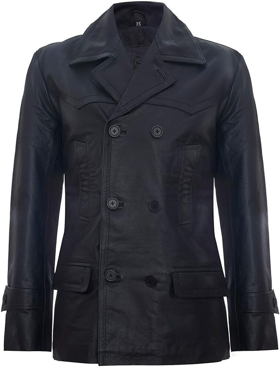Men's German Naval Dr Who Cowhide Leather Coat — Black