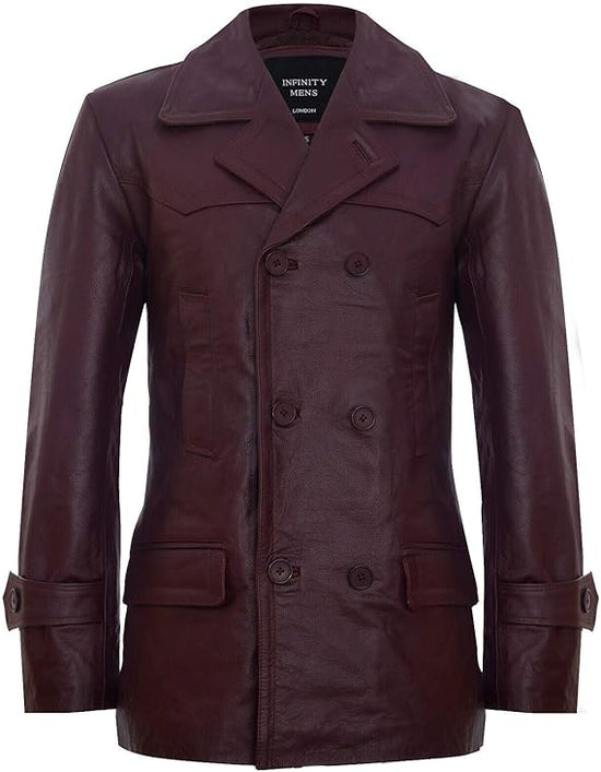 Men's German Naval Dr Who Cowhide Leather Coat — Red