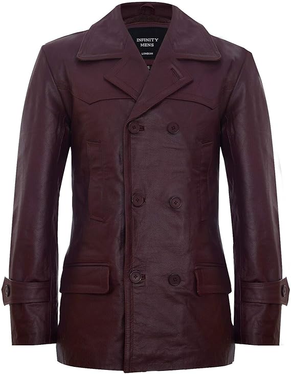 Men's German Naval Dr Who Cowhide Leather Coat — Red