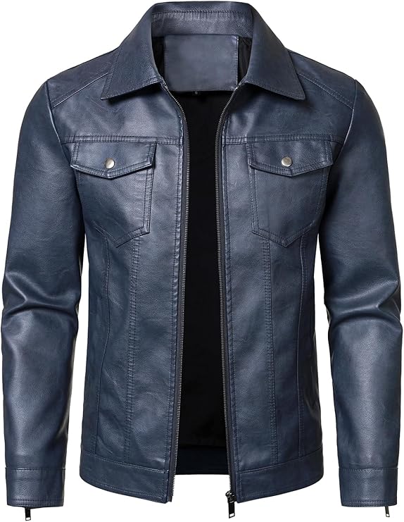 Hood Crew Men's Faux Leather Biker Jacket — Blue