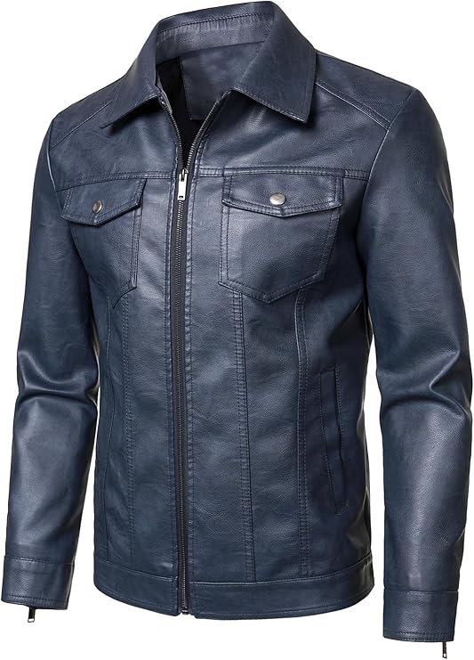 Hood Crew Men's Faux Leather Biker Jacket — Blue