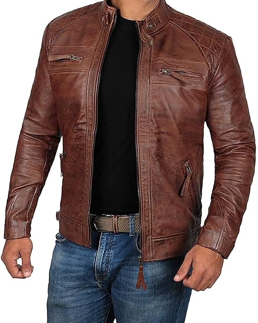 Men's Brown Distressed Quilted Motorcycle Jacket