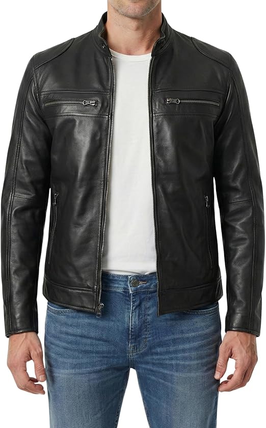 Men's Black Band-Collar Café Racer Jacket