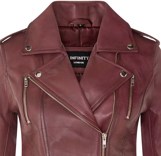 Women's Retro 100% Nappa Leather Biker Jacket — Brown