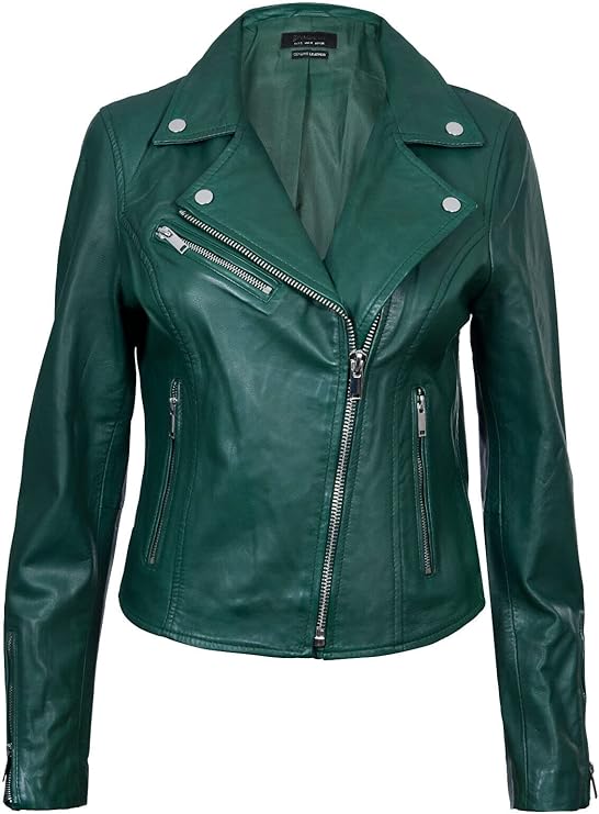 Women's Classic Real Leather Biker Jacket — Sea Green