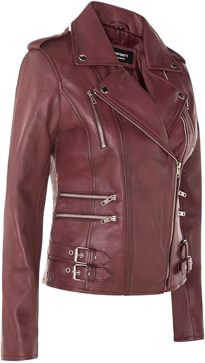 Women's Retro 100% Nappa Leather Biker Jacket — Brown