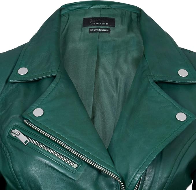 Women's Classic Real Leather Biker Jacket — Sea Green