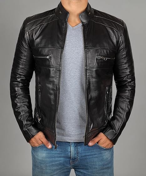 Men's Black Quilted Open-Front Leather Jacket