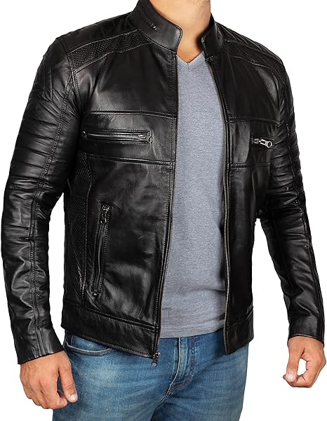 Men's Black Quilted Open-Front Leather Jacket
