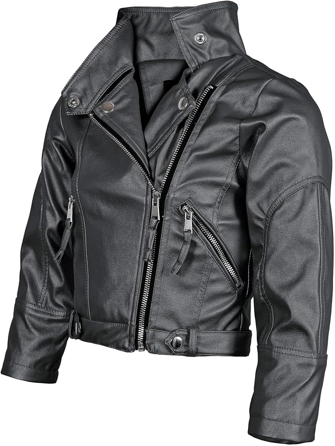 Kids' Asymmetric Leather Moto Jacket - Black